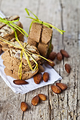 Image showing Homemade fresh Italian cookies cantuccini stacks and organic alm