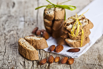 Image showing Homemade fresh Italian cookies cantuccini stacks and organic alm