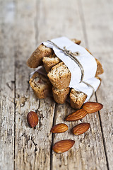 Image showing Fresh homemade Italian cookies cantuccini stackes and almond see