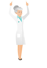 Image showing Caucasian doctor standing with raised arms up.