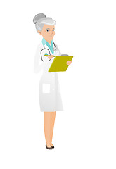 Image showing Caucasian doctor holding clipboard with documents.