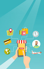 Image showing Hands holding phone connected with shopping icons.