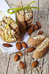 Image showing Homemade fresh Italian cookies cantuccini stacks and organic alm