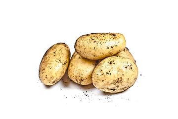 Image showing Newly harvested dirty potatoes heap isolated on white background