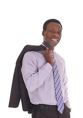 Image showing African man smiling with jacket over shoulder