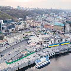 Image showing River port and Postal Square with St. Elijah Church , tourist boats on a river Dnepr in Kiev, Ukraine