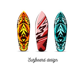 Image showing Set of designs for surfer boards on a white background. Vector illustration. Hawaiian style