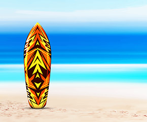 Image showing Surfboard on the beach, against the background of the sea or ocean. Vector illustration in a tropical style. Hawaiian design