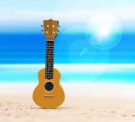 Image showing Ukulele on the beach, against the background of the sea or ocean. Vector illustration in a tropical style.