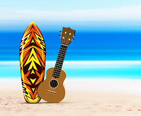 Image showing Ukulele guitar and surfboard on the beach, against the background of the sea or ocean. Vector illustration in a tropical style.