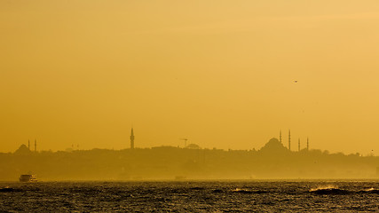 Image showing Istanbul beautiful silhouette at sunset on the bosphorus