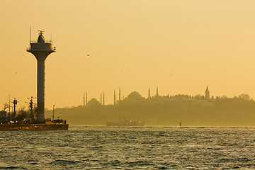 Image showing Istanbul beautiful silhouette at sunset on the bosphorus. Creative background.
