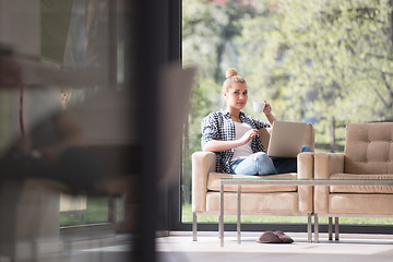 Image showing woman drinking coffee enjoying relaxing lifestyle