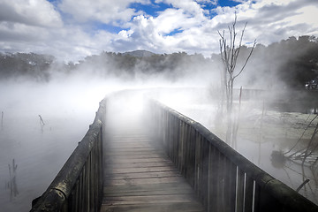 Image showing Bridge on a misty lake in Rotorua, New Zealand