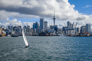 Image showing Auckland view from the sea and sailing ship, New Zealand