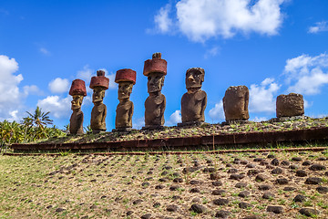 Image showing Moais statues site ahu Nao Nao on anakena beach, easter island