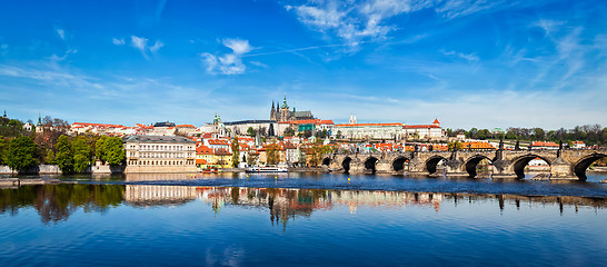 Image showing Charles bridge over Vltava river and Gradchany Prague Castle a