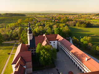 Image showing Aerial view of Cistercian monastery Kostanjevica na Krki, homely appointed as Castle Kostanjevica, Slovenia, Europe