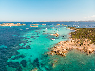 Image showing Drone aerial view of Razzoli, Santa Maria and Budelli islands in Maddalena Archipelago, Sardinia, Italy.