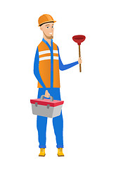 Image showing Caucasian plumber holding plunger and tool box.