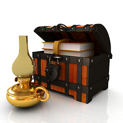 Image showing Leather Books in a Chest and kerosene lamp. 3d render