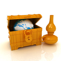 Image showing Earth in a chest and kerosene lamp. 3d illustration