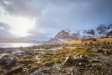 Image showing Red rorbu house and fjord in Norway