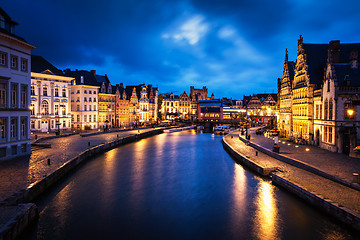 Image showing Graslei street and canal in the evening. Ghent, Belgium