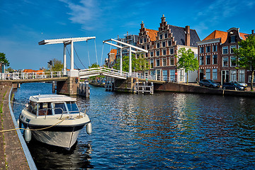 Image showing Spaarne river with boat and Gravestenenbrug bridge in Haarlem, N