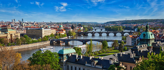 Image showing Panoramic view of Prague bridges over Vltava river from Letni P