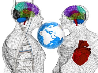 Image showing 3D medical background with DNA strands and wire human body model