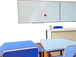 Image showing Teachers desk and white board in classroom