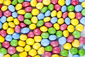 Image showing Pile of delicious rainbow colorful chocolate candies background.