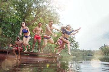 Image showing Enjoying river party with friends. Group of beautiful happy young people at the river together