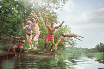 Image showing Enjoying river party with friends. Group of beautiful happy young people at the river together