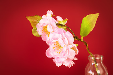Image showing red background with artificial cherry blossoms
