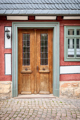 Image showing old vintage red wooden door Marburg Germany