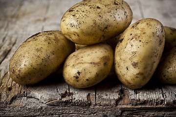 Image showing Newly harvested dirty potatoes heap on rustic wooden background.