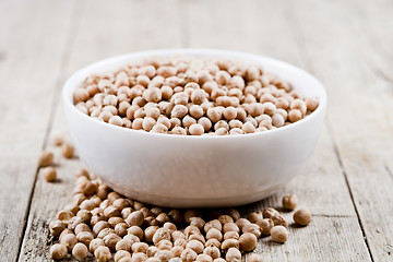 Image showing Fresh raw organic chickpeas in white ceramic bowl on rustic wood