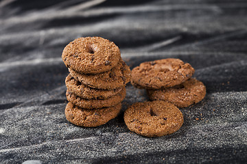 Image showing Double chocolate chip fresh cookies stack.