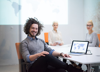 Image showing Startup Business Team At A Meeting at modern night office buildi