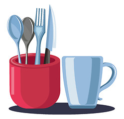 Image showing Cutlery stand and cup vector color illustration.