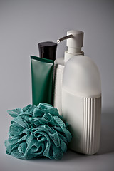 Image showing Bath cosmetic products: liquid soap, bath foam, creme and turquo