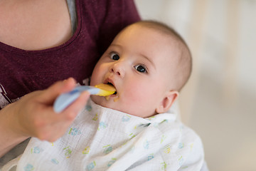 Image showing mother with spoon feeding little baby