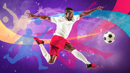 Image showing Male football player in action, creative colorful collage