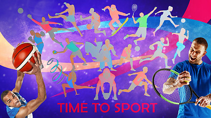 Image showing Creative collage of drawned silhouettes of sportsmen