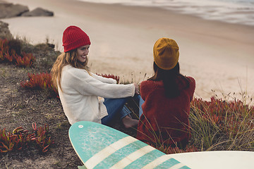 Image showing Surfer girls at the beach