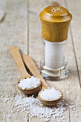 Image showing Wooden spoon with sea salt and cellar closeup on wooden rustic t