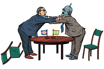 Image showing policy diplomacy and negotiations. man versus robot. new technologies and progress concept