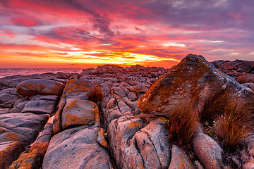 Image showing Rich red sunrise over the rocky coast Australia